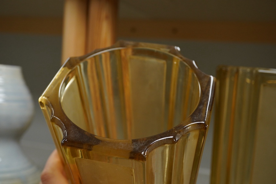 A pair of Art Deco amber and frosted glass vases, 25cm high. Condition - good, scuffing to bases